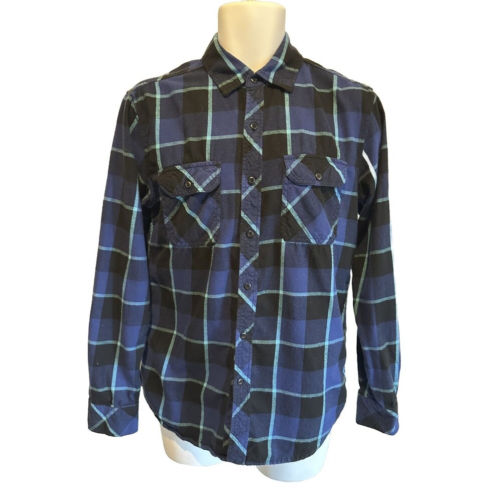 Surplus Men's S Small Blue Plaid Long Sleeve Button Down Shirt 100% Cotton